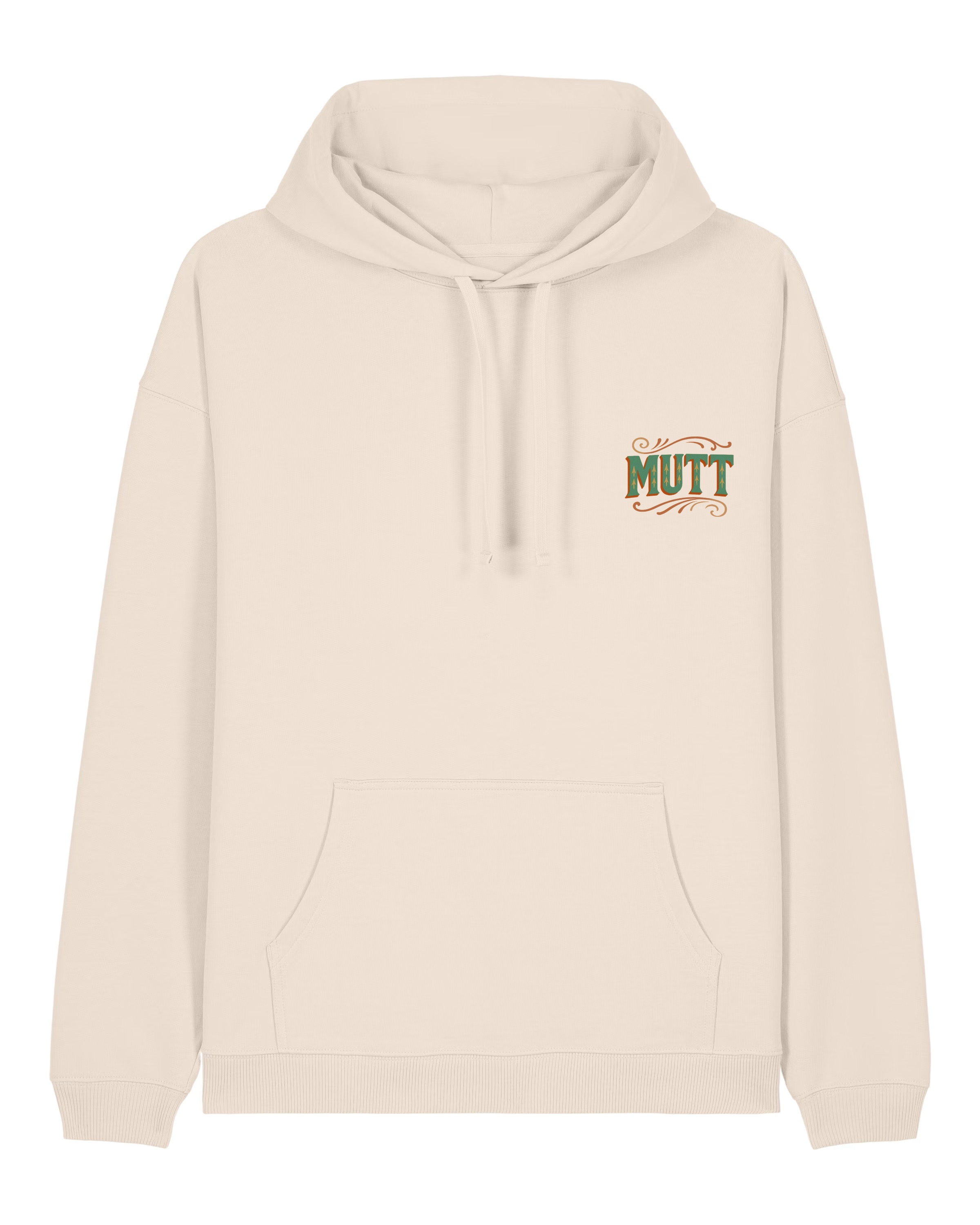 Mutt Clothing — cream hoodie, Victorian MUTT chest emblem